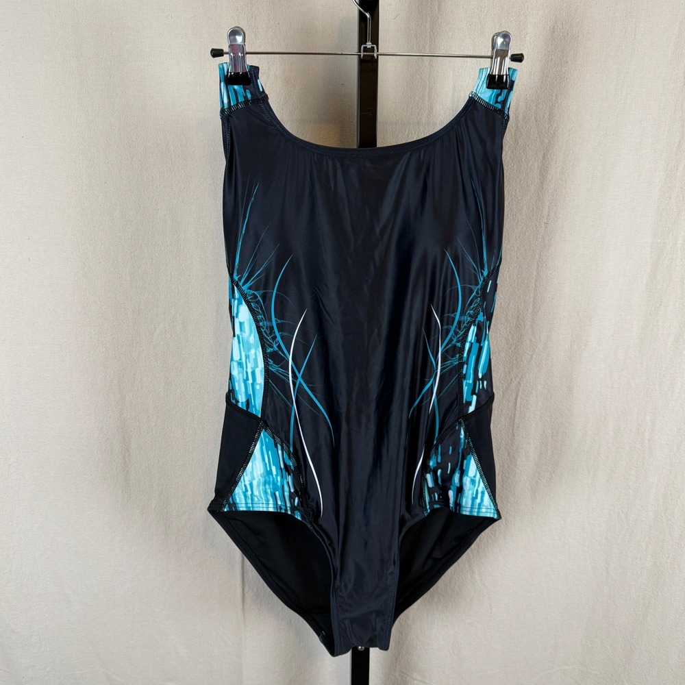 Attraco Womens XL 1 Piece Swimsuit Black Turquoise Graphic Athletic UPF 50+ NEW